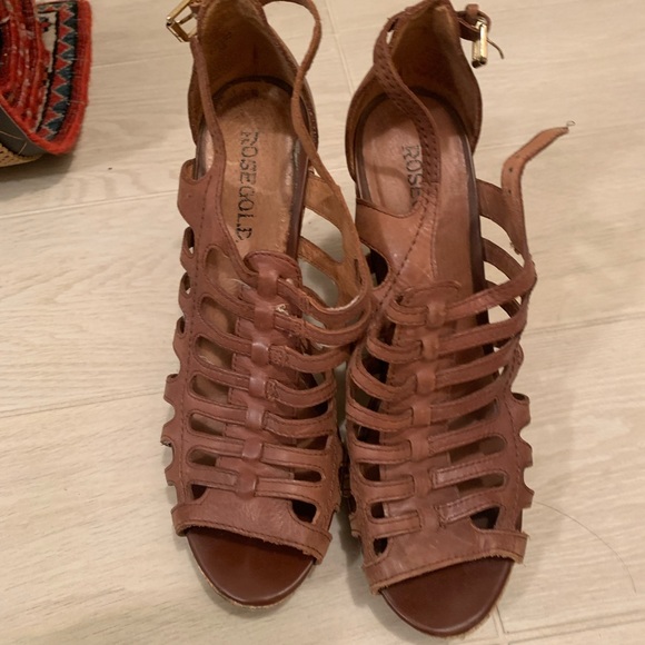 Rosegold Brand Brown Leather Sandal Wedge Heel with Cork, Size 38 - Picture 2 of 4